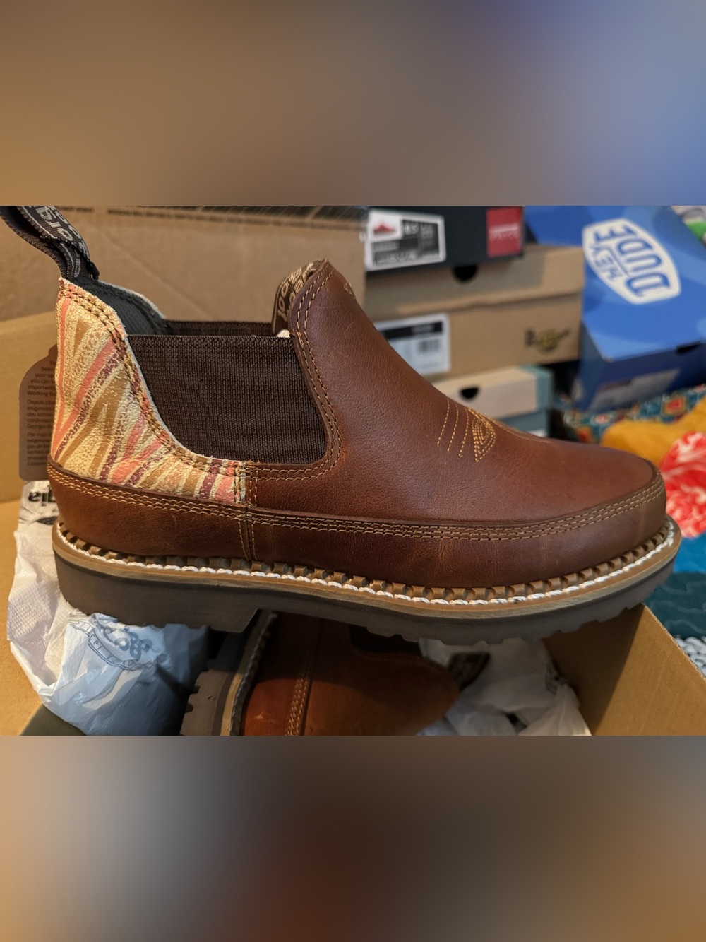 Georgia Boot Women's Brown Leather Chelsea Boot with Striped Fabric Heel